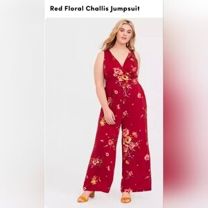 Torrid Red Challis Jumpsuit Plus Size 2 Floral CottageCore Fall Layering EUC